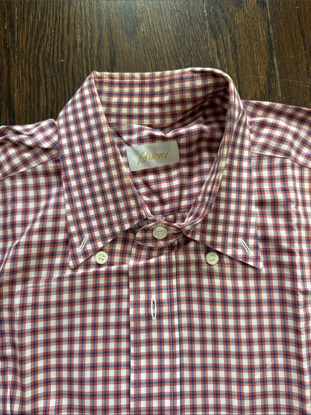 Brioni Red, Blue & White Checked Button-Down Shirt